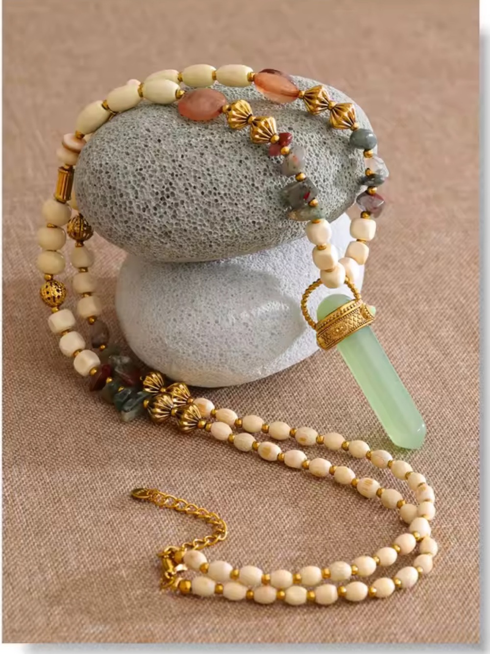 Green Jade Beaded Artisan Long Necklace - Picture 2 of 15